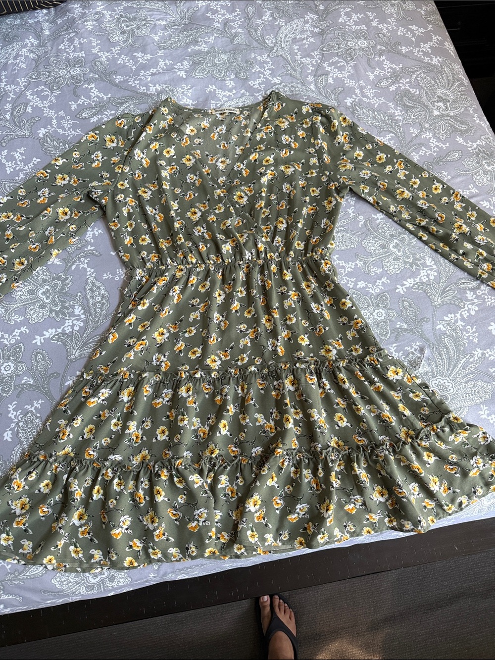 Inspired Hearts Olive Green Floral Dress with Yellow Accents